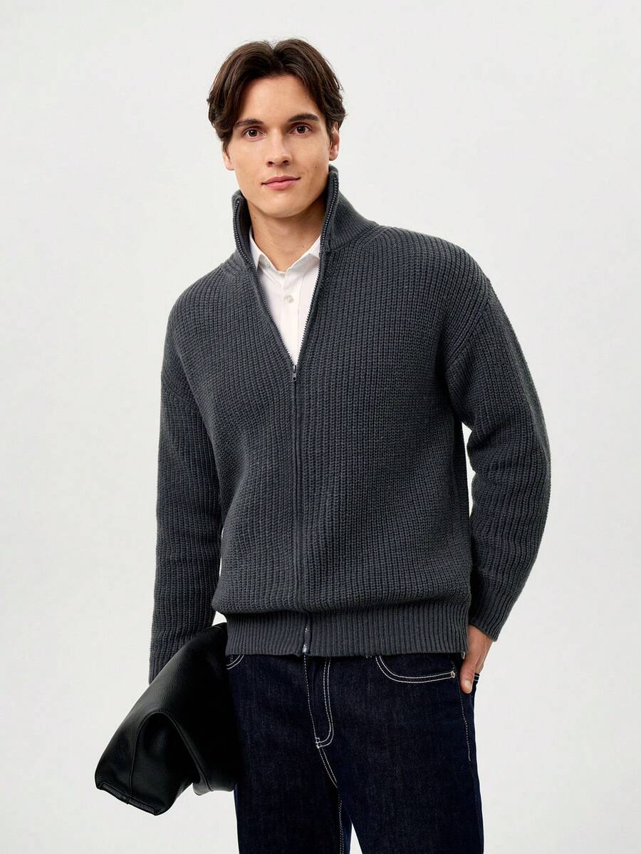 RONVEXI Cardigan tricoté zippé à manches longues, couleur unie minimaliste pour tous les jours, automne/hiver - Gris foncé - Voir 1
