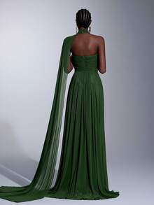 Elitara 优雅奢华的深绿色韩式褶皱A字连衣裙，配可拆卸披肩，正式晚礼服 - 綠色 - 查看 4