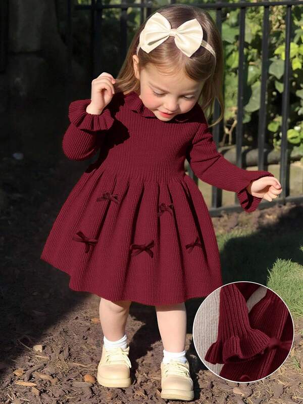 Emery Rose Kids Emery Rose Kids Babygirl Cute Solid Color Knitted Long Sleeve Dress, Autumn/Winter