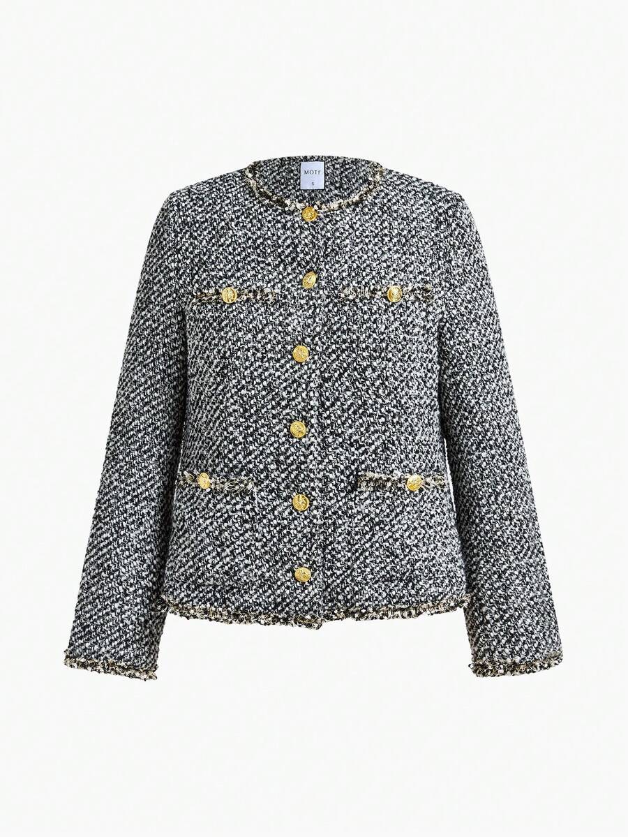 MOTF PREMIUM 粗花呢撞色包边外套 - 黑與白 - 查看 1