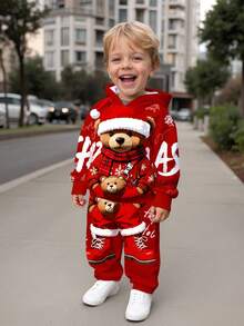 SHEIN 2 件套年轻男孩休闲简约时尚经典圣诞圣诞老人、圣诞树、圣诞礼物、可爱圣诞熊图案印花宽松连帽衫套装，适合秋冬季、圣诞节 - 彩色 - 查看 2