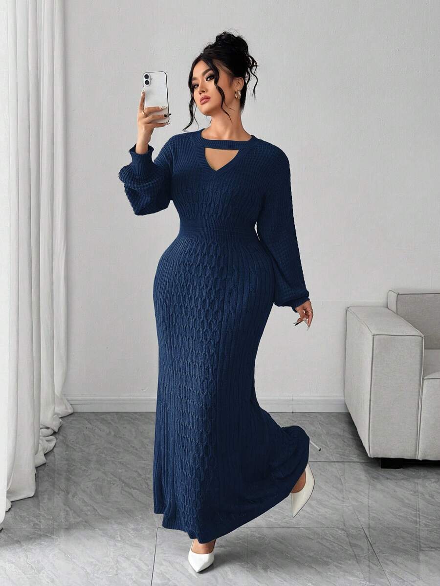 Elenzga Plus Size Elegant Delicate Hollow V-Neck Sweater Dress - Royal Blue - View 1