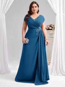 Coutiva Vestido elegante de la madre de la novia con cuello en V, decoración con aplicaciones y drapeado, talla grande, Día de San Valentín - Neblina azul - Ver 4