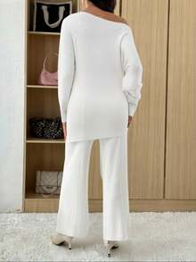 SHEIN Umstandsmode einfarbiger asymmetrischer Schulter Langarm Pullover und verstellbare Taille gestrickte Hose Freizeitanzug, Herbst/Winter - Weiss - Übersicht 2