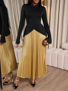 SHEIN Elenzya Elegante vestido nuevo de moda con cuello de volantes, color dorado, plisado, bloque de color, espalda cruzada con lazo, adecuado para citas de mujeres, fiestas formales, Navidad, Halloween, San Valentín, elementos chinos, cuello Mao, atuendo de Año Nuevo, otoño/invierno