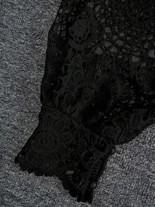 Franclia Women's Autumn Floral Lace Hollow Zipper Front Long Sleeve Blouse Women Shirt - Black - View 5