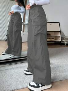 SHEIN EZwear 女士休闲纯色高腰阔腿裤 - 灰色 - 查看 3