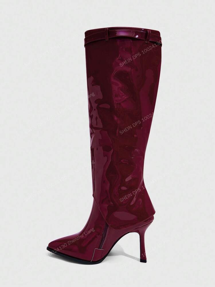 CUCCOO SZL Women's Pointed Toe Slim Heel Knee-High Boots With Side Zipper And Decorative Buckle, PU Material For Christmas