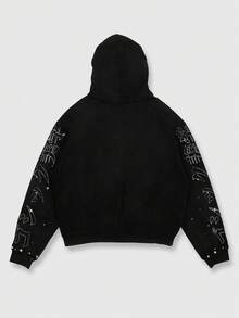 ROMWE MEN Anime Spring Casual Graphic Men'S Japan Style Street Dark Figure Print Zip-Up Hoodie Sweatshirt, For Winter - Black - View 2