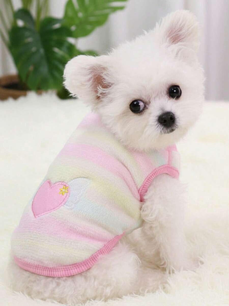 1 Pink Embroidered Heart-Shaped Wing With Traction Buckle Small Dog Special Vest For Autumn And Winter, Thick And Warm For Puppies And Pets, Plush Clothes - Pink - View 1