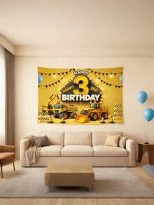 建筑主题生日横幅，3岁生日挖掘机墙面装饰，亮黄色涤纶背景布，适用于室内外派对装饰 - 1PCS - 查看 3