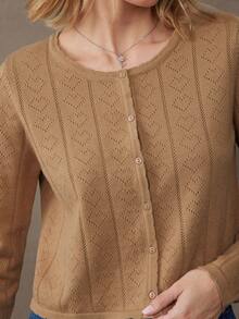 WESTFADE 扇形圆领纽扣前襟心形镂空针织开衫毛衣，适合秋季、冬季、假日、圣诞节、法兰绒、新年夜等场合。 - 卡其色 - 查看 2