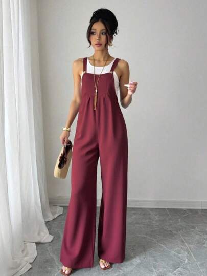 Mono casual de mujer de color liso Mono de las señoras, las mujeres de verano de color sólido de la correa de la espalda casual de pierna ancha pantalones sueltos Monos de mujer