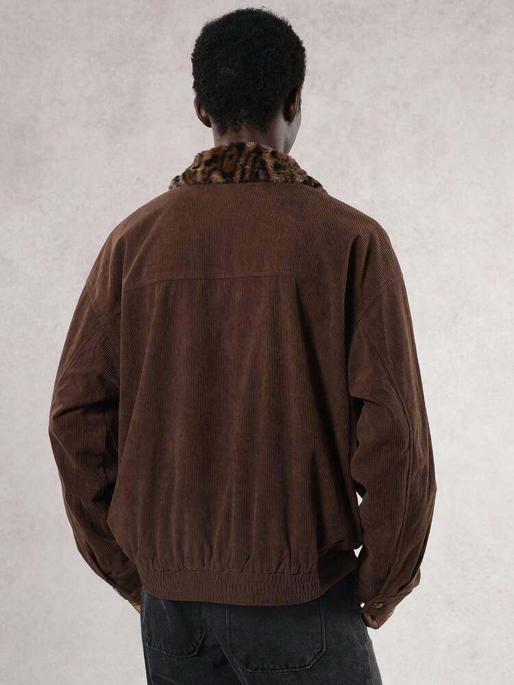 Men's Brown Patchwork Contrast Collar Letter Embroidery Jacket And Coat, Autumn