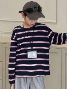 Dazy Kids Camiseta de manga larga con cuello redondo a rayas informal y oversize para niño preadolescente, otoño y primavera - Azul Marino - Ver 4