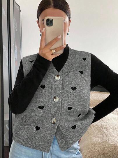 Siren Gaze 女士休闲爱心图案针织背心，秋冬季，休闲V领无袖保暖毛衣背心，适合叠穿或单穿，日常休闲穿着，秋季女装，新年必备，休闲女装