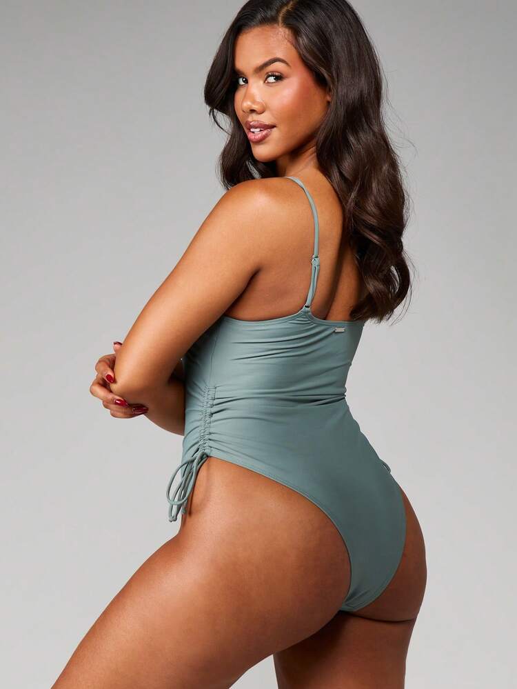 MISSGUIDED Costume da bagno intero con spalline a spaghetti, arricciature laterali e dettaglio con fiocco, adatto per l'estate, la spiaggia, la piscina e le vacanze