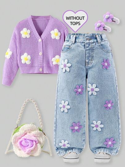 SHEIN ChillGRL Young Girl Baggy Jeans Y2k Oversized Jeans Wide Leg Jeans Girls Baggy Girls Jeans Loose Jeans New Arrival 2025 Aesthetic Fashion Snowflake Washed Distressed Embroidered Flare Pants Fall&Winter Four Season Light Blue Loose-Fitting Jeans With White And Purple Embroidery 90s Kids Christmas