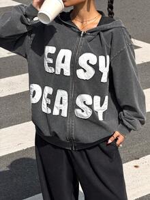 Muchica Áo hoodie có khóa kéo thường ngày họa tiết chữ nhung - màu đen - Xem 4