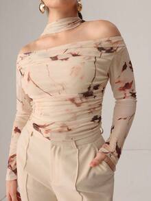 Modelyn Autumn Knitted Sexy Sheer Mesh Ribbon Print T-Shirt - Multicolor - View 2