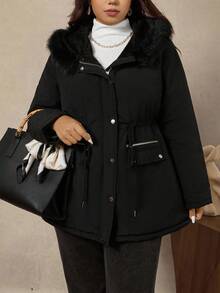 Zelara Plus Size Women Solid Color Long Sleeve Zipper Collar Faux Fur Hooded Casual Winter Jacket Women's Quilted Zipper Long Hooded Padded Jacket With Pockets, Warm And Comfortable,2025 New,Comfortable And Warm From The Cold,Plus Size Women Long Sleeve Pockets Casual Coat,Fall Women Clothes, Winter Clothes For Women,Vintage,Going Out Outfits,Fall Outfits,Winter For Women,Fall Clothes Plus Size, Office Outfits For Women,Fall Outfits For Women,Classy Outfits For Women,Women's Fall Clothes,Office,Old Money Style Women,Plus Size Women Long Sleeve Pockets Casual Hooded Coat,Quilted Coat,Zip Up,Women's Winter Clothes ,Christmas Women's Clothing,Suitable For Multiple Occasions Autumn Women'S Autumn And Winter Warm Coat With Fur Collar And Hood - Black - View 5