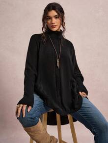 SHEIN LUNE Áo len cổ lọ tay cánh dơi viền cao thấp cỡ lớn Áo len cổ lọ cỡ lớn màu đen Áo len dệt kim dáng rộng thời trang thu đông có cổ cao, Áo len chui đầu cổ cao dài rộng, Áo len chui đầu viền bất thường có túi giúp thon gọn và giảm tuổi tác, Trở lại trường học - màu đen - Xem 6