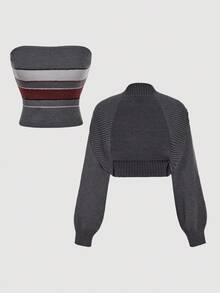 SHEIN MOD Set Atasan Tube Rajut Minimalis Bergaris Abu-abu Gelap dengan Warna Kontras dan Kardigan Pendek, Set Sweater Rajut Dua Potong Nyaman untuk Musim Gugur dan Sehari-hari - Grey - View 3