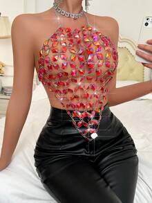 VaVaBold Women's Diamond Detail Halter Top Graphic Tees Women Tops - Red - View 5