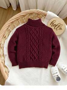 SHEIN Baby/Toddler High Neck Vintage Textured Knit Sweater, Comfortable Casual Loose Fit For School, Home, Outings, Autumn/Winter