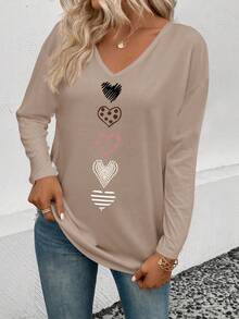 EMERY ROSE Women's V-Neck Heart Print Long Sleeve T-Shirt, New Arrival For Autumn/Winter - Multicolor - View 3