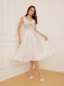 CUCCOO HITCHD Women's Pink Lace Pointed Toe Backless Pearl Bow Net Mesh High Heel Shoes For Christmas - White - View 3