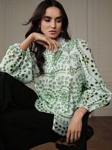 BELROSIE New Autumn French Style Casual Blouse With Intricate Embroidery, Hollow-Out Design, And Pleated Ruffle Detail, Long Sleeve - Green - View 4