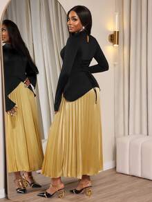 SHEIN Elenzya Elegante vestido nuevo de moda con cuello de volantes, color dorado, plisado, bloque de color, espalda cruzada con lazo, adecuado para citas de mujeres, fiestas formales, Navidad, Halloween, San Valentín, elementos chinos, cuello Mao, atuendo de Año Nuevo, otoño/invierno