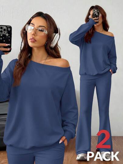 SHEIN EZwear Conjunto de sudadera y pantalón acampanado de punto básico gris holgado con hombros descubiertos y cuello asimétrico de manga larga para mujer, conjunto de dos piezas para entrenamiento, primavera/verano