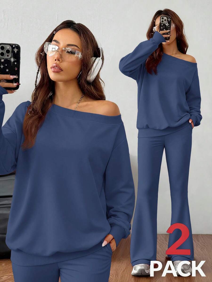SHEIN EZwear Bộ đồ tập luyện hai mảnh, áo len dệt kim trơn màu xám rộng thùng thình trễ vai cổ bất đối xứng tay dài và quần ống loe cho nữ mùa xuân/hè - Màu xanh ngọc - Xem 1