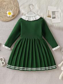 Souflis Souflis 女童可爱心形纽扣毛衣连衣裙 - 荷叶边领口，甜美公主风，秋冬款 - 墨綠色 - 查看 2