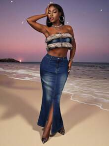 SHEIN Unity Women's Furry Patchwork Cropped Tube Top & Maxi Denim Skirt Set,Dark Blue,Summer,Street Wear Y2k,Night Out Jean Two Piece Outfit With Diamonds - Dark Wash - View 6