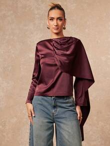 Lumalex Winter Fall Satin Shawl Collar Long Sleeve Women Blouse Luxury Prom Gathering Party Banquet Modest Old Money Coquette Glitter Holiday Party Rave Festival Outing Vacation Hot Outdoor Richly Layered Wedding Season Banquet ID Al-Adha Al-Adha Party New Year Looks Of Party Party Dress For Autumn - Red Violet - View 4