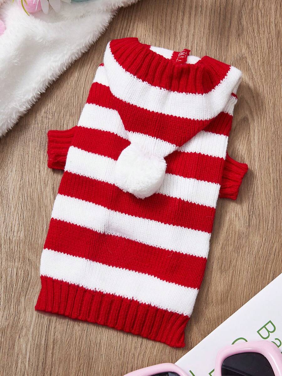 PETSIN 1pc Red Striped Cute Warm Thick Autumn And Winter Knitted Pet Hooded Sweater Christmas Style Striped Pet Thick Hooded Clothes - Red - View 1