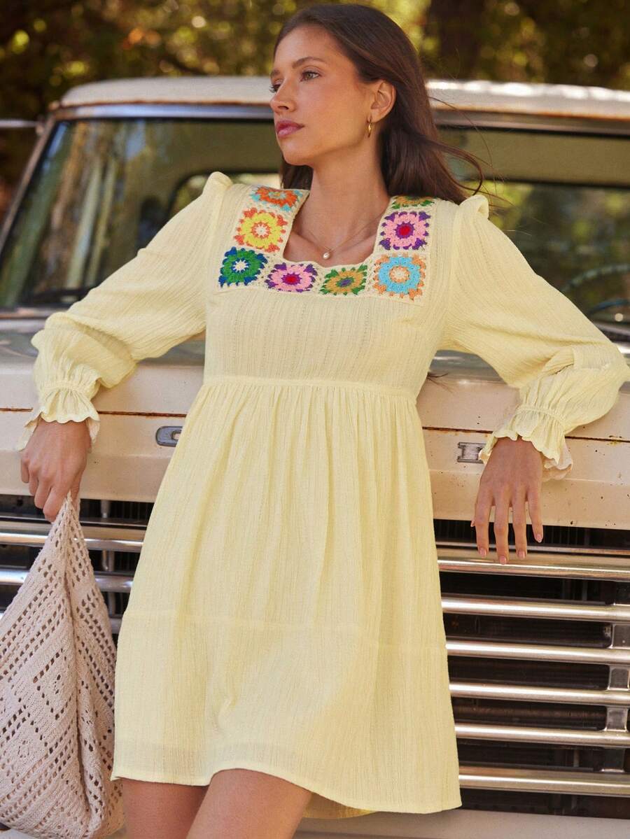 WESTFADE Flower Crochet & Textured Woven Mixed Media Square Neck Long Puff Sleeve Mini Babydoll Dress Fall, Autumn, Winter, Casual Cute Boho, Nashville Cowgirl, Country Outfit, Western Wear For Women - Yellow - View 1
