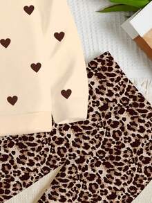 SHEIN Happikins 2pcs Young Girl Casual Cute Sweet Polka Dot Heart Pattern, Retro Leopard Print, Creamy Yellow, Round Neck Long Sleeve Sweatshirt And Leggings Set, Suitable For Autumn/Winter - Multicolor - View 5