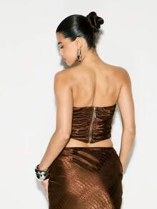 KIZN Metallic Bronze Snake Print Strapless Corset Top With Ruching Detail And Back Zip Closure For Evening And Party Wear - Brown - View 2