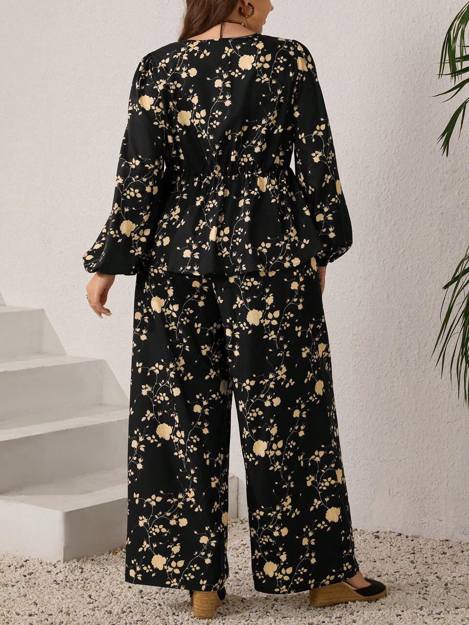 Plus Size Floral Print Tie-Front Shirt And Pants 2-Piece Set, Casual Holiday Outfit