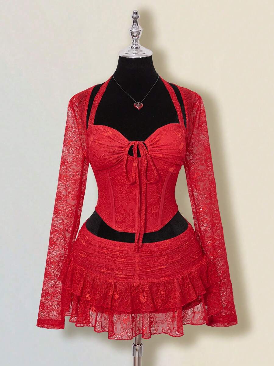 SHEIN ICON Spitzen-Hohldesign Trägerhemd und ultratiefgeschnittener Rock Set für Frauen