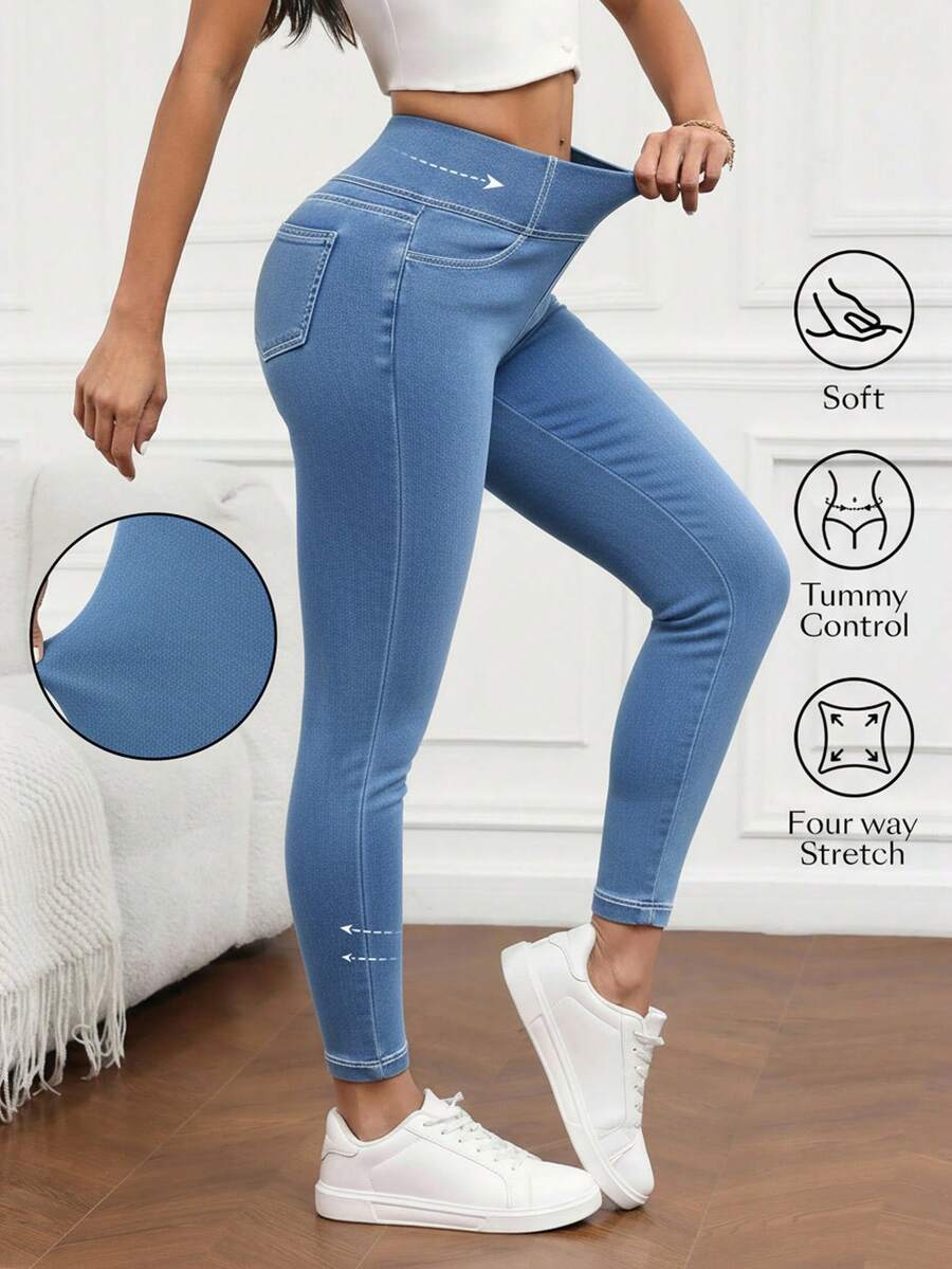 Flexra Women's High Waist Solid Color Comfortable Breathable Elastic Waist Jeans - Blue - View 1