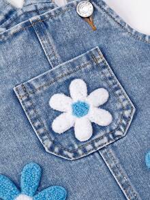 SHEIN Quần yếm denim giặt cho bé gái, bộ đồ liền thân rộng rãi in hoa - Màu xanh lam - Xem 4