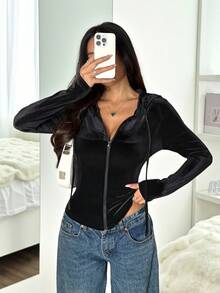 SHEIN PETITE 純色前拉鍊長袖簡約休閒天鵝絨修身連帽外套，小碼女款 - 黑色 - 查看 3