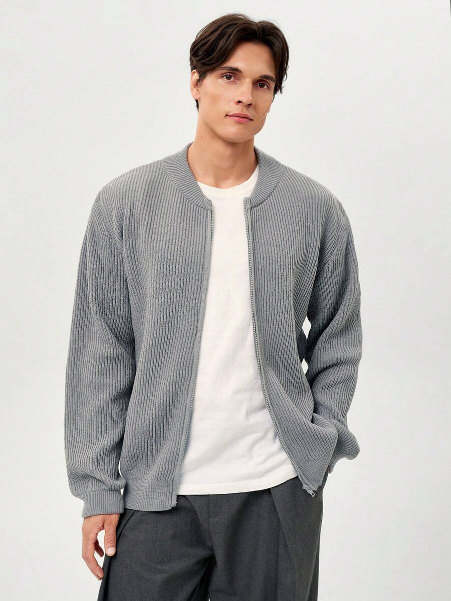 RONVEXI Men's Solid Color Long Sleeve Casual Knitted Cardigan, Autumn/Winter - Grey - View 1