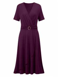 SHEIN Clasi Đầm Maxi xếp ly tay ngắn cổ chữ V màu đỏ tía cho nữ - màu đỏ đậm - Xem 3