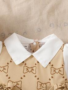 SHEIN Bộ 2 món/Bộ trang phục thường ngày cho bé gái sơ sinh, áo cổ bẻ nhiều màu và quần len rộng rãi - Màu Khaki - Xem 4